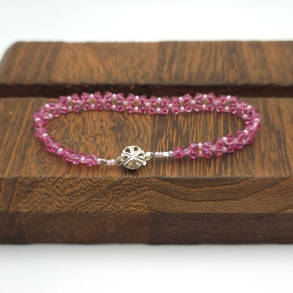Jewelry - 8 Inch 925 Sterling Silver Pink Braided Crystals Bracelet B31